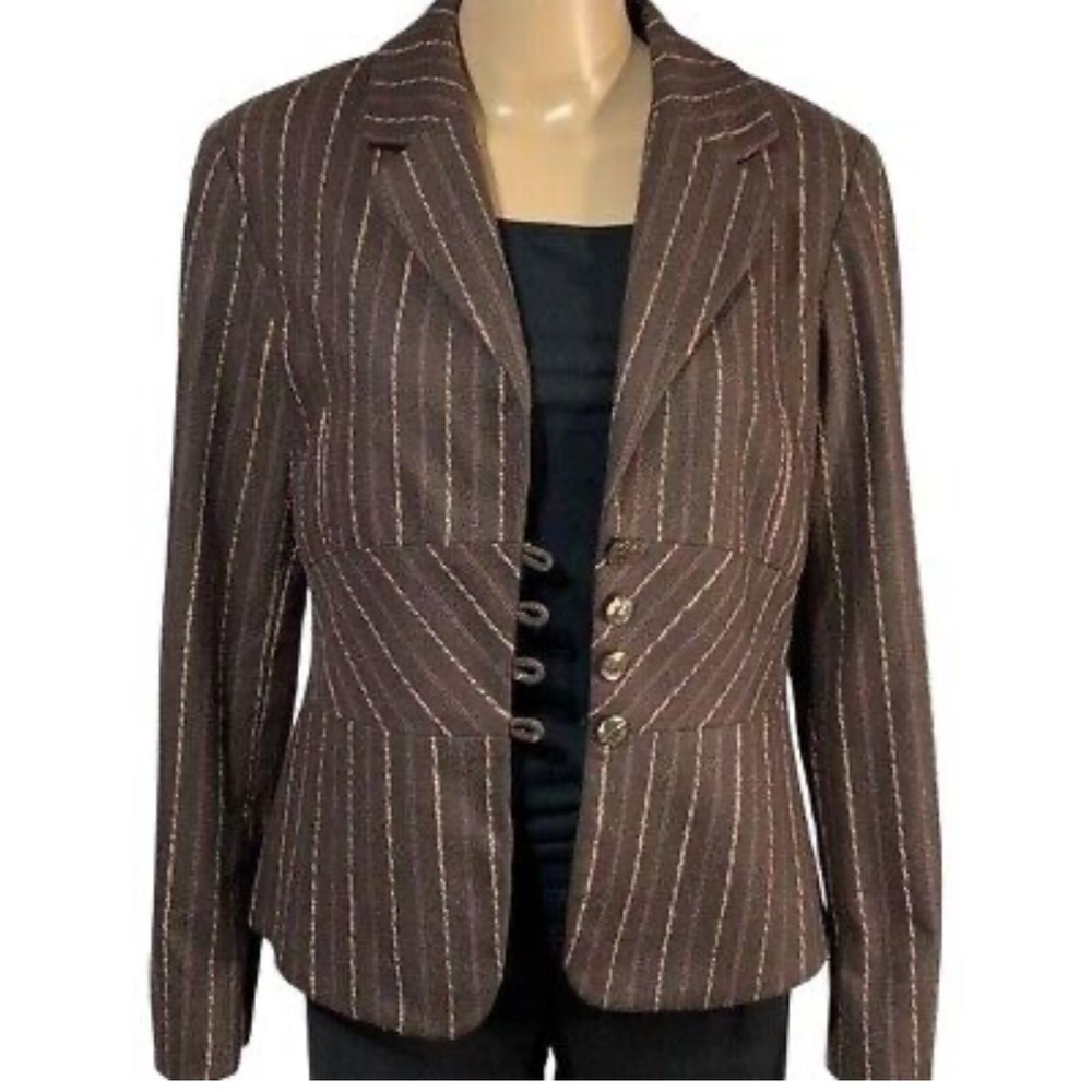 J. Jill Womens Wool Blend Pinstriped Blazer Suit Jacket Brown 16p